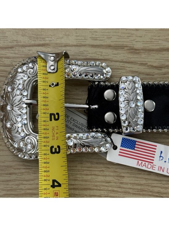 B.B. Simon Swarovski Crystal Studded Leather Belt Black L Made USA New Defect